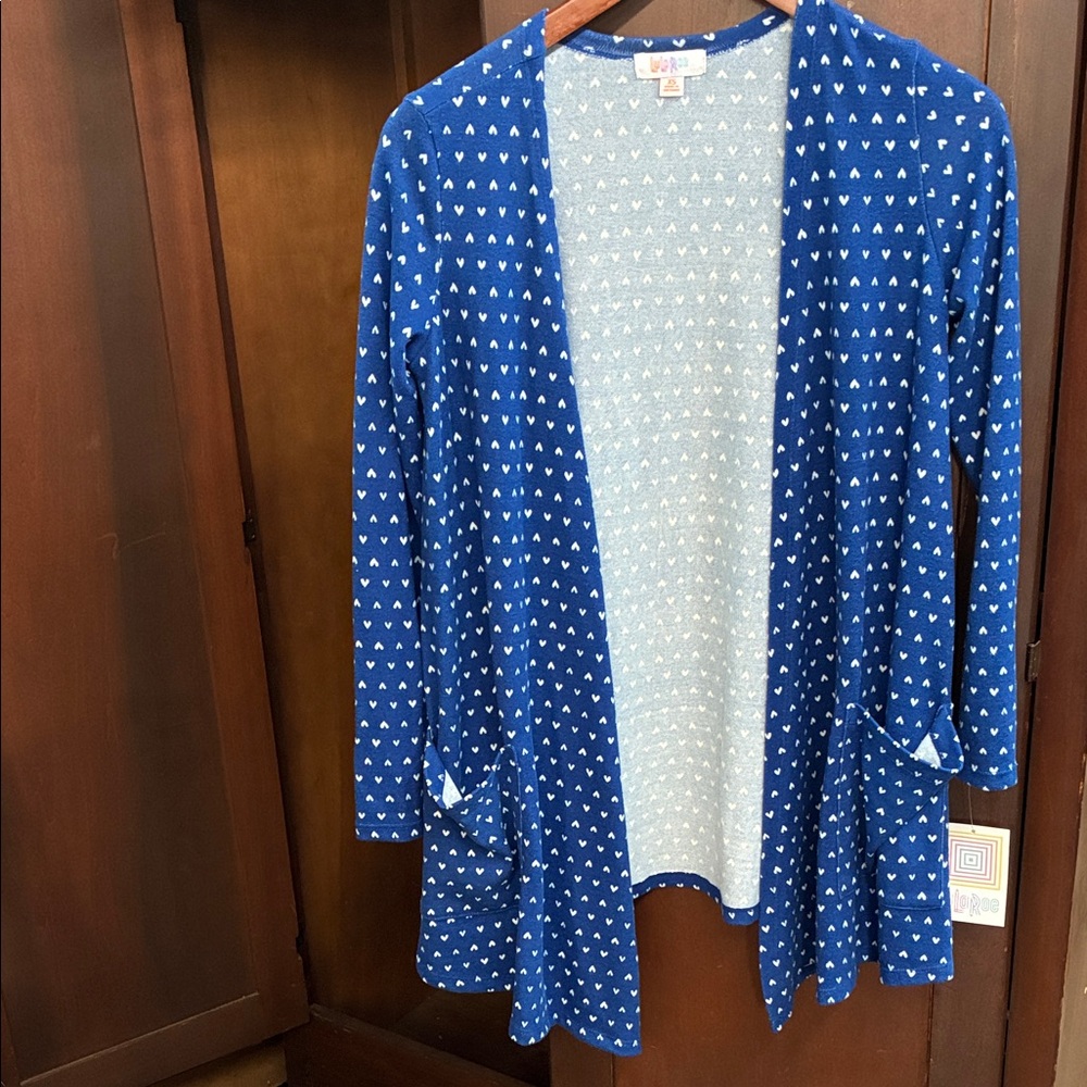 LuLaRoe Light Blue Cardigan with White Heart Print